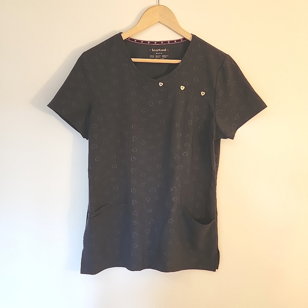 Athletic Stretch Dark Grey Heart Pattern Scrub Top